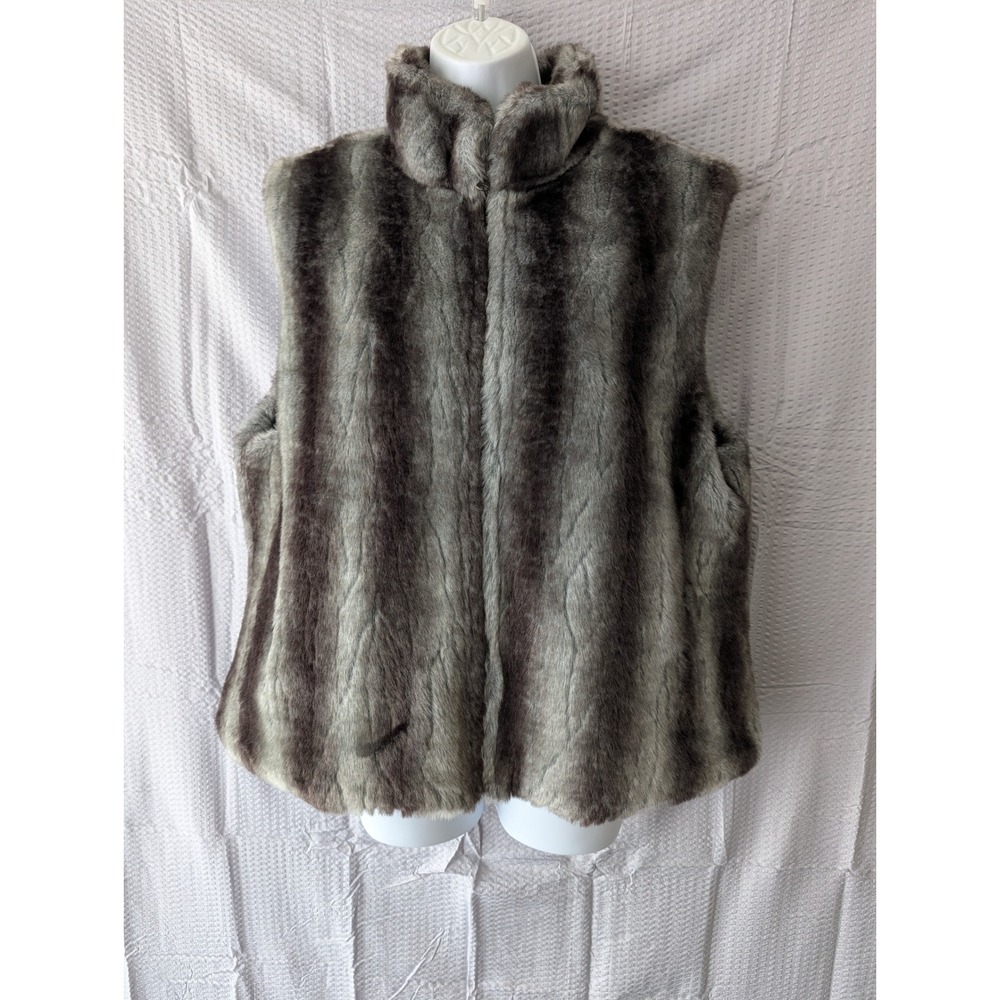 Blassport Womens Faux Fur Striped Vest Grey Charcoal Full Zip Large